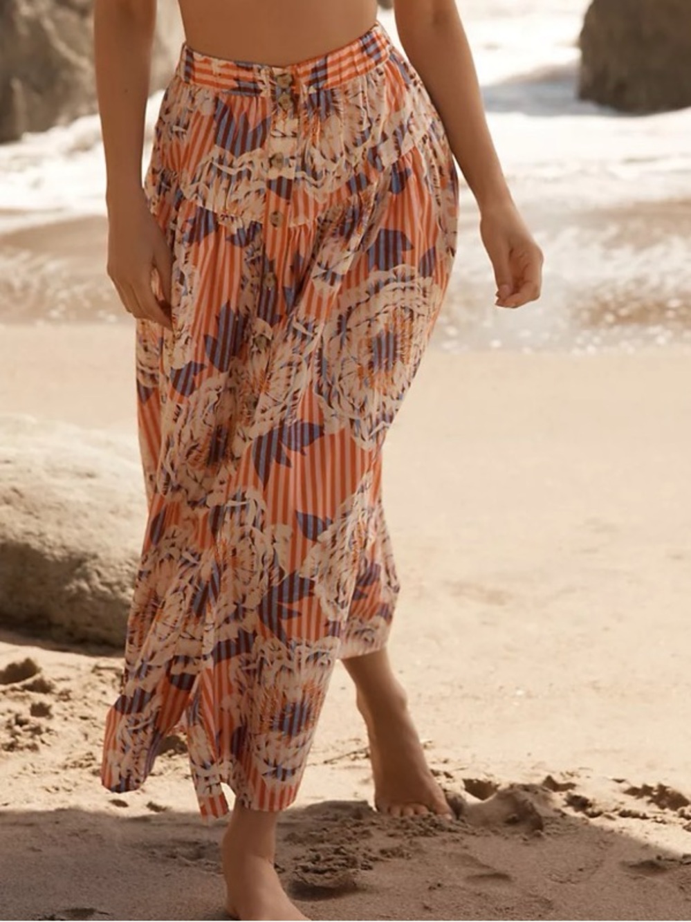 Anthropologie Orange Floral Cotton Button Front Midi Skirt, M